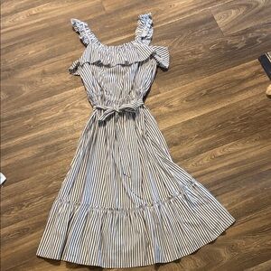 Striped Ruffle Midi Dress - Grey & White